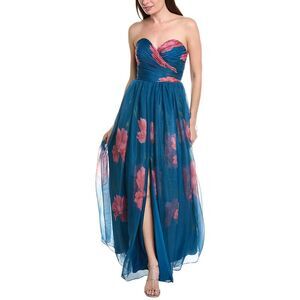 Rene Ruiz Womens Strapless Sweetheart Pleated Bodice Floral Gown, Blue